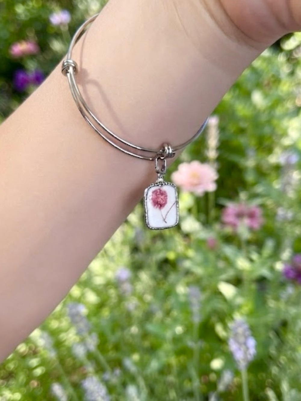 Silver Bangle Bracelet with Pink Floral Pendant - made with real dried flowers